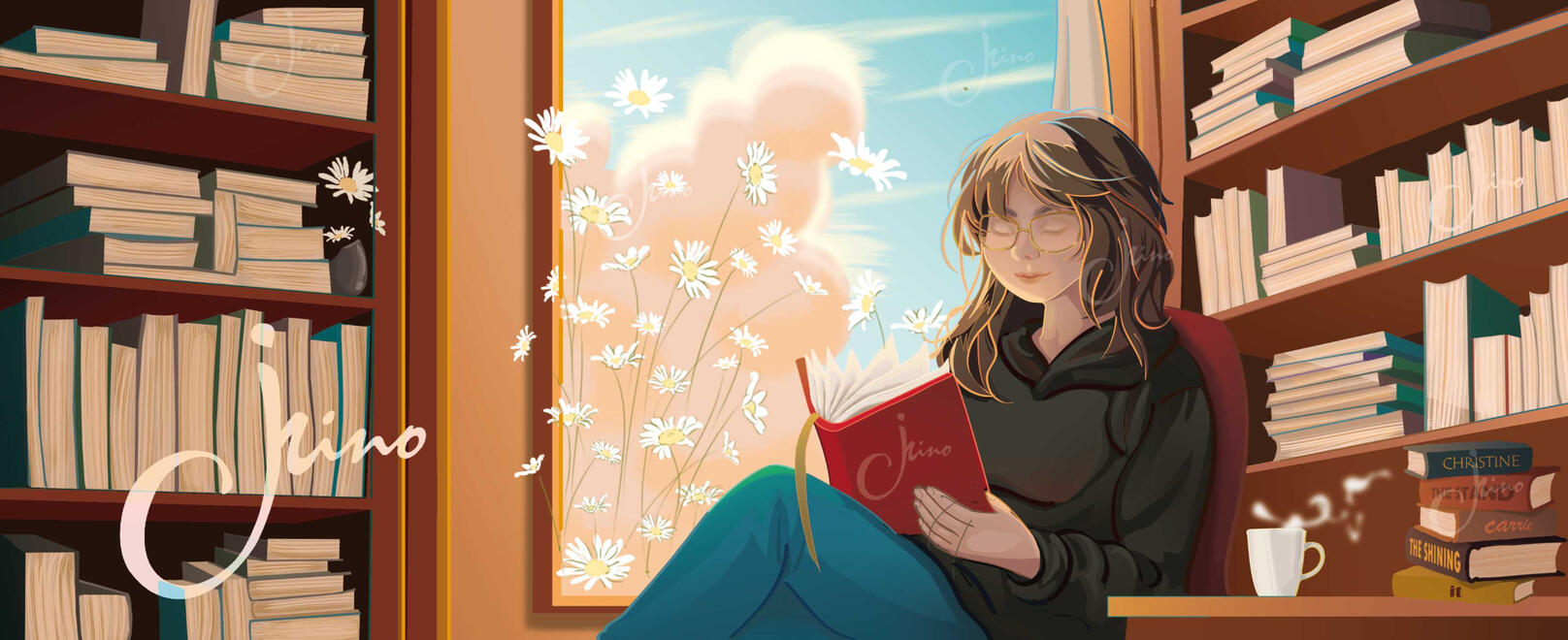 Creation of a portrait of a girl in a room full of books in anime style