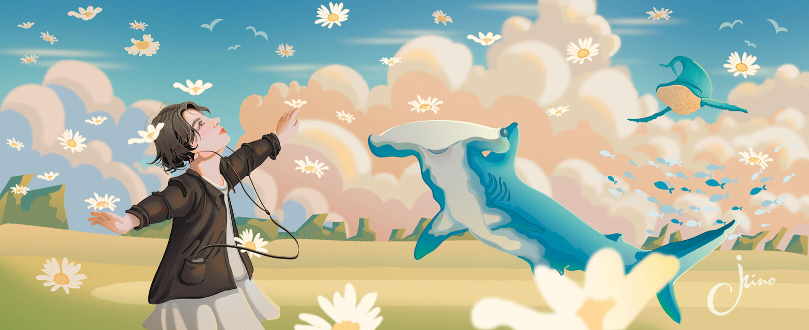 Creation of a portrait of a girl in a landscape with anime style